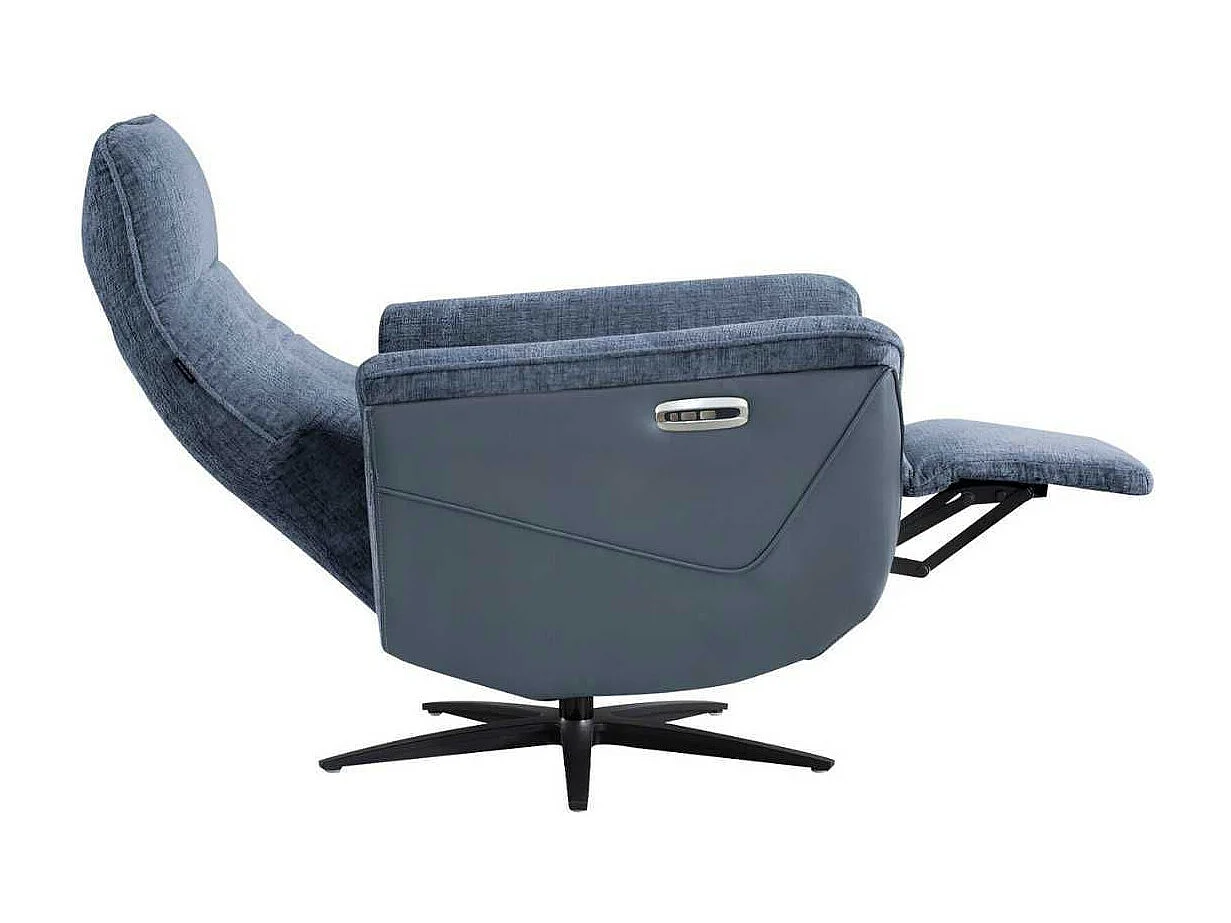 Fauteuil relax électrique pivotant bi-matière tissu chenillé et PVC bleu - CELESTE