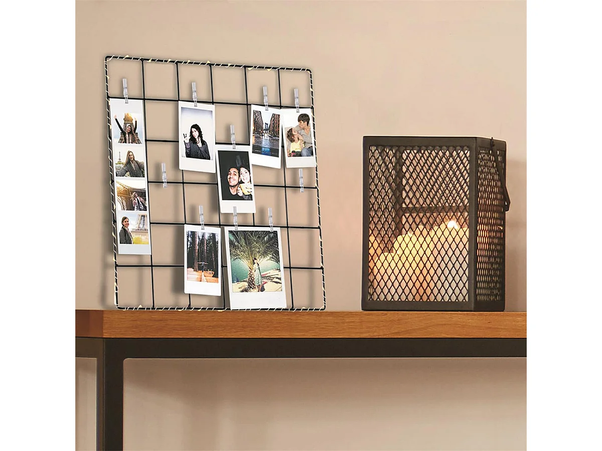 Cadre Photo Pêle-Mêle Lumineux 40 Leds à Pinces Grille Métal Noir - HOLLY