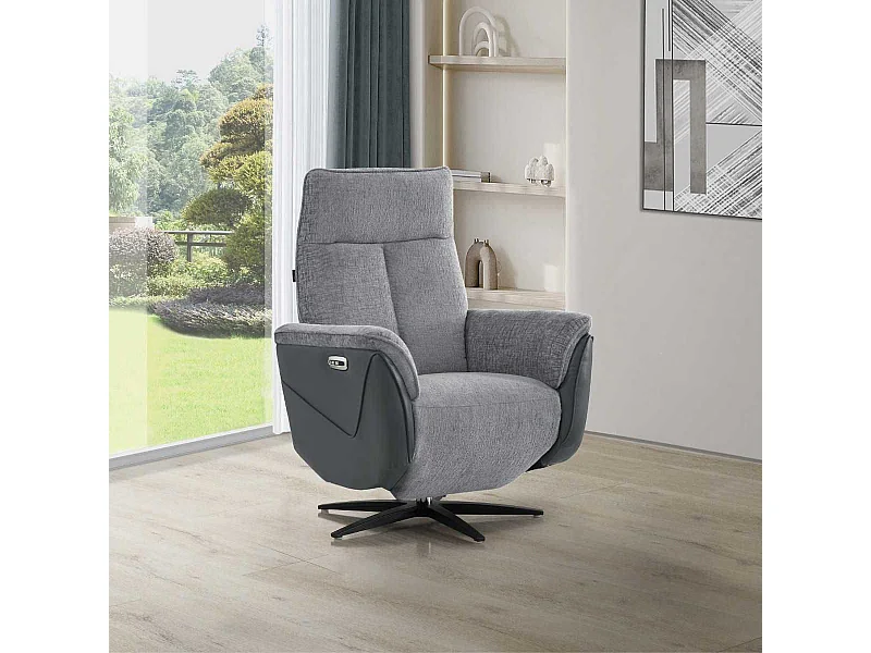 Fauteuil relax électrique pivotant bi-matière tissu chenillé et PVC gris - CELESTE