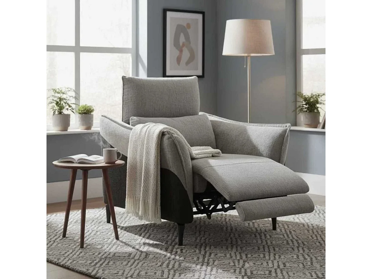 Fauteuil relax électrique tissu chenillé bicolore gris et gris carbone - AKENIA