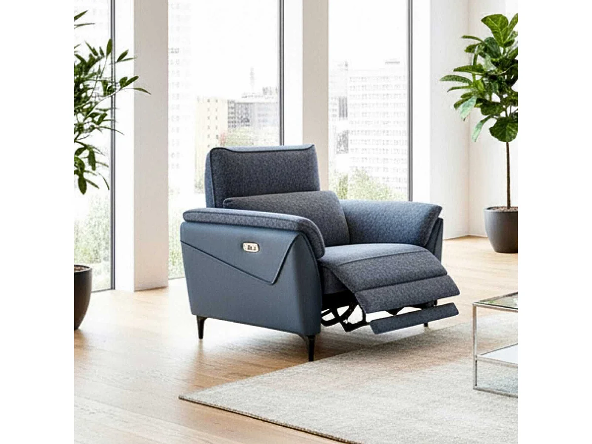 Fauteuil relax électrique bi-matière tissu chenillé et PVC bleu - CELESTE