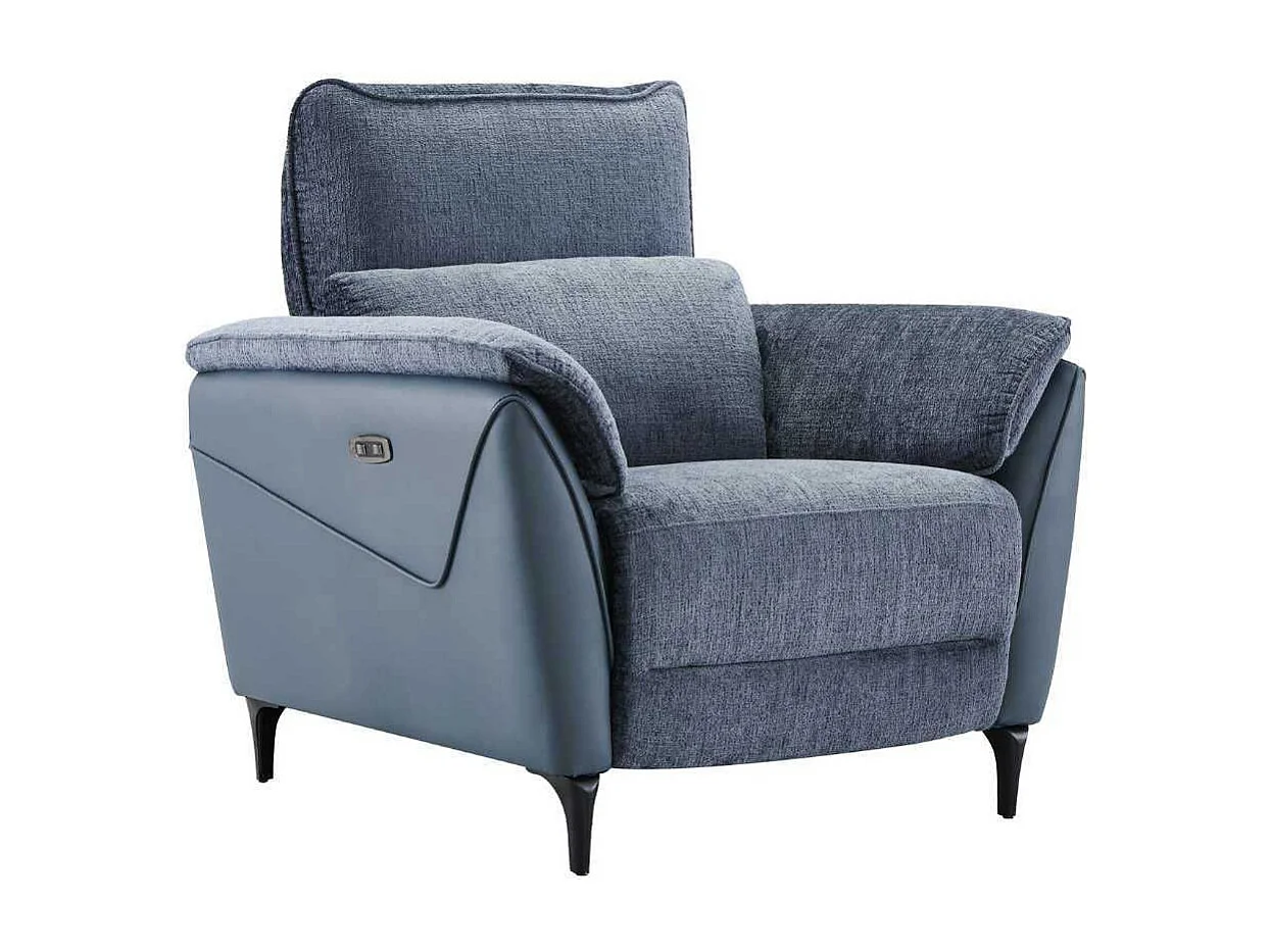 Fauteuil relax électrique bi-matière tissu chenillé et PVC bleu - CELESTE