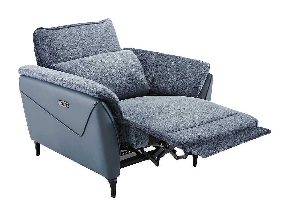 Fauteuil relax électrique bi-matière tissu chenillé et PVC bleu - CELESTE