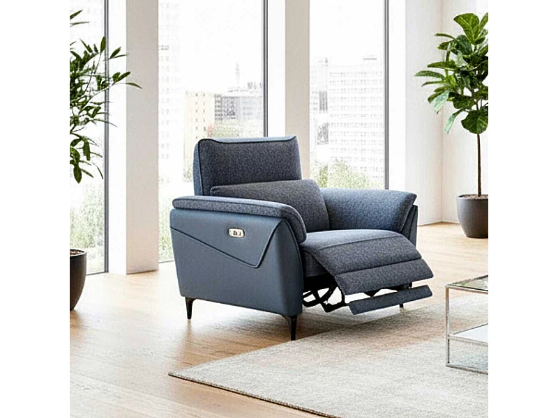 Fauteuil relax électrique bi-matière tissu chenillé et PVC bleu - CELESTE