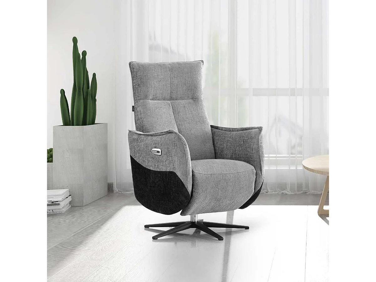 Fauteuil relax électrique pivotant tissu chenillé bicolore gris et gris carbone - AKENIA