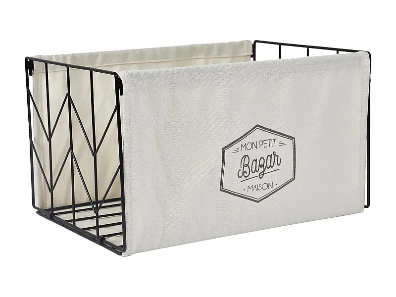 Bac de Rangement Pliable en Métal Noir et Tissu Blanc 38x28cm - LOUANE
