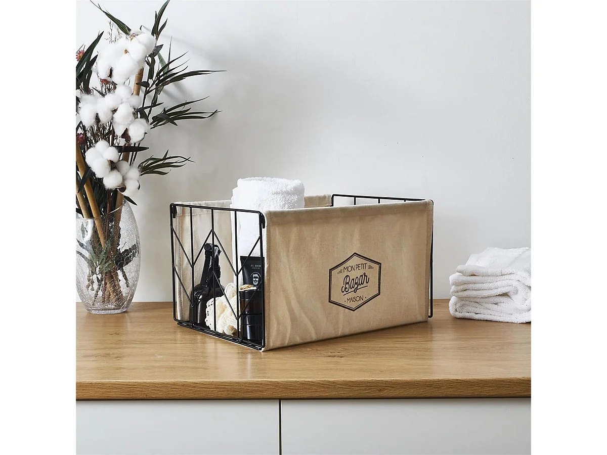 Bac de Rangement Pliable en Métal Noir et Tissu Blanc 38x28cm - LOUANE
