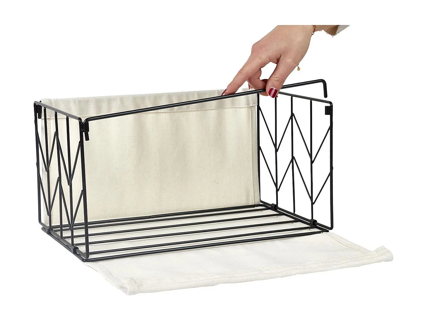 Bac de Rangement Pliable en Métal Noir et Tissu Blanc 38x28cm - LOUANE