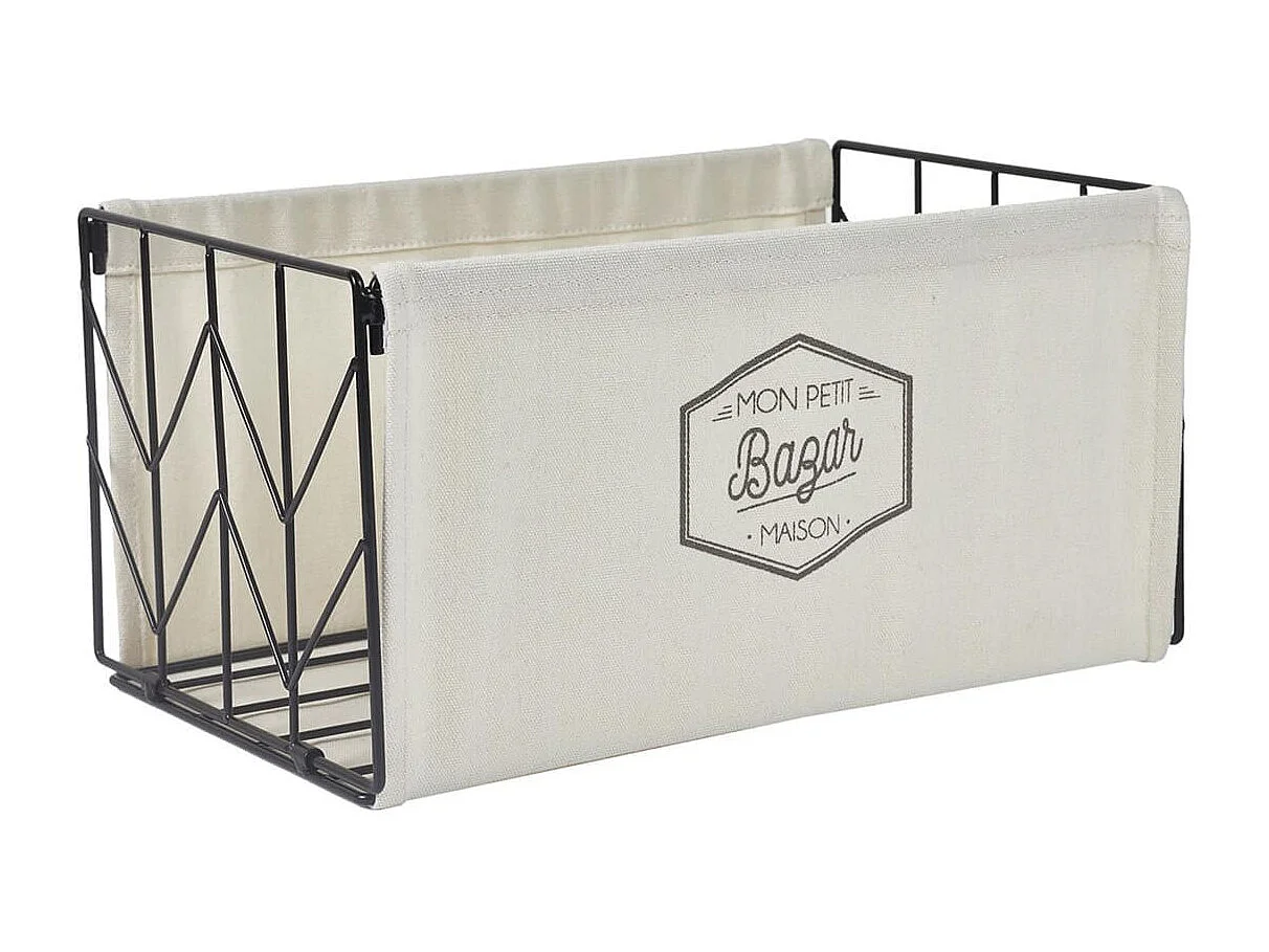 Bac de Rangement Pliable en Métal Noir et Tissu Blanc 35x23cm - LOUANE