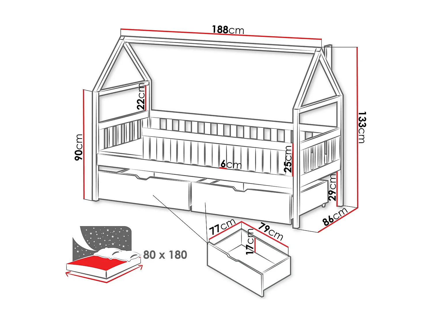 Lit Vista 116, Unique, Gris, 80x180, Bois, Disponible, 86x188x133cm