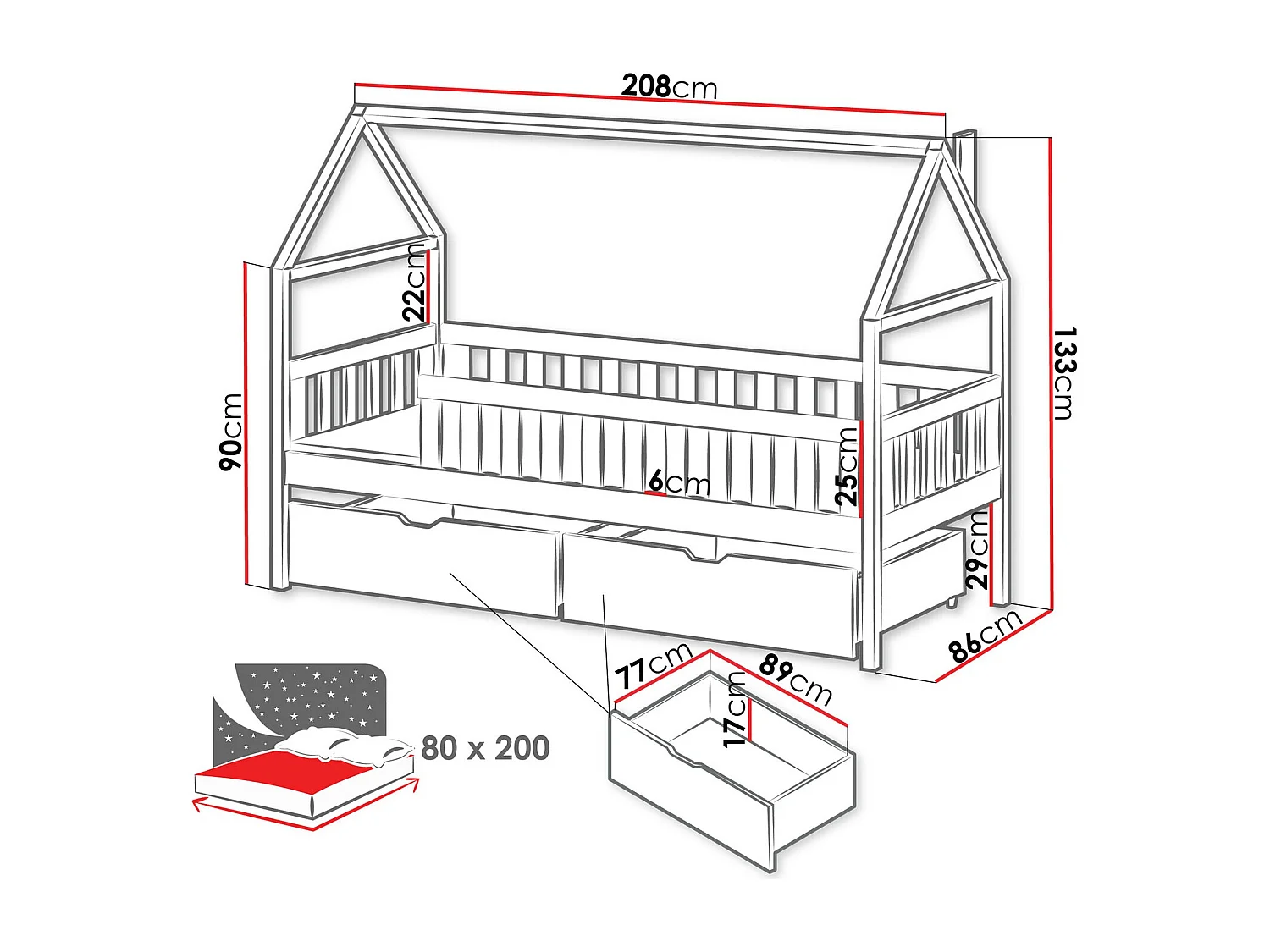 Lit Vista 116, Unique, Gris, 80x200, Bois, Disponible, 86x208x133cm