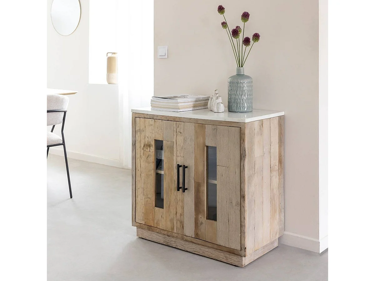 Aparador 2 puertas en madera reciclada y mármol Damian