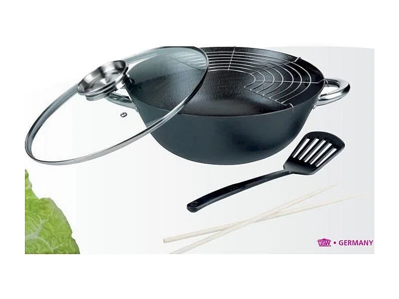 Wok multifuncional de hierro fundido de 5 piezas - 32 cm - Apto para todo tipo de cocinas, incluida la de inducción