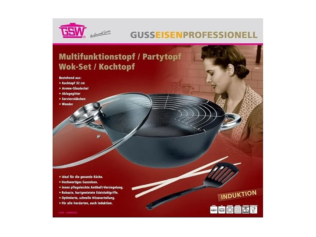 Wok multifonction 5 pieces - GSW - 860956 - Fonte d'acier - 32 cm - Tous feux dont induction