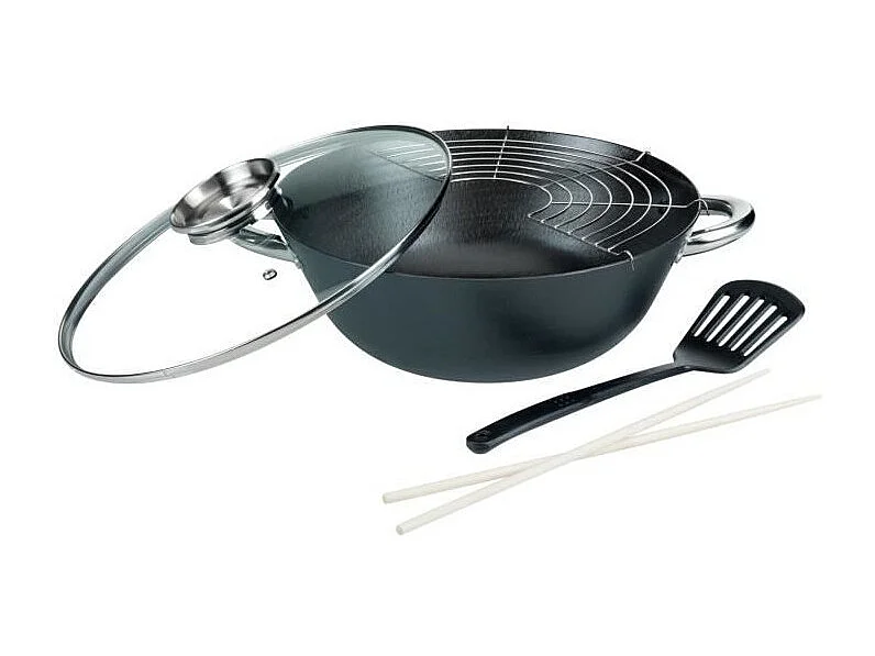 Wok multifuncional de hierro fundido de 5 piezas - 32 cm - Apto para todo tipo de cocinas, incluida la de inducción