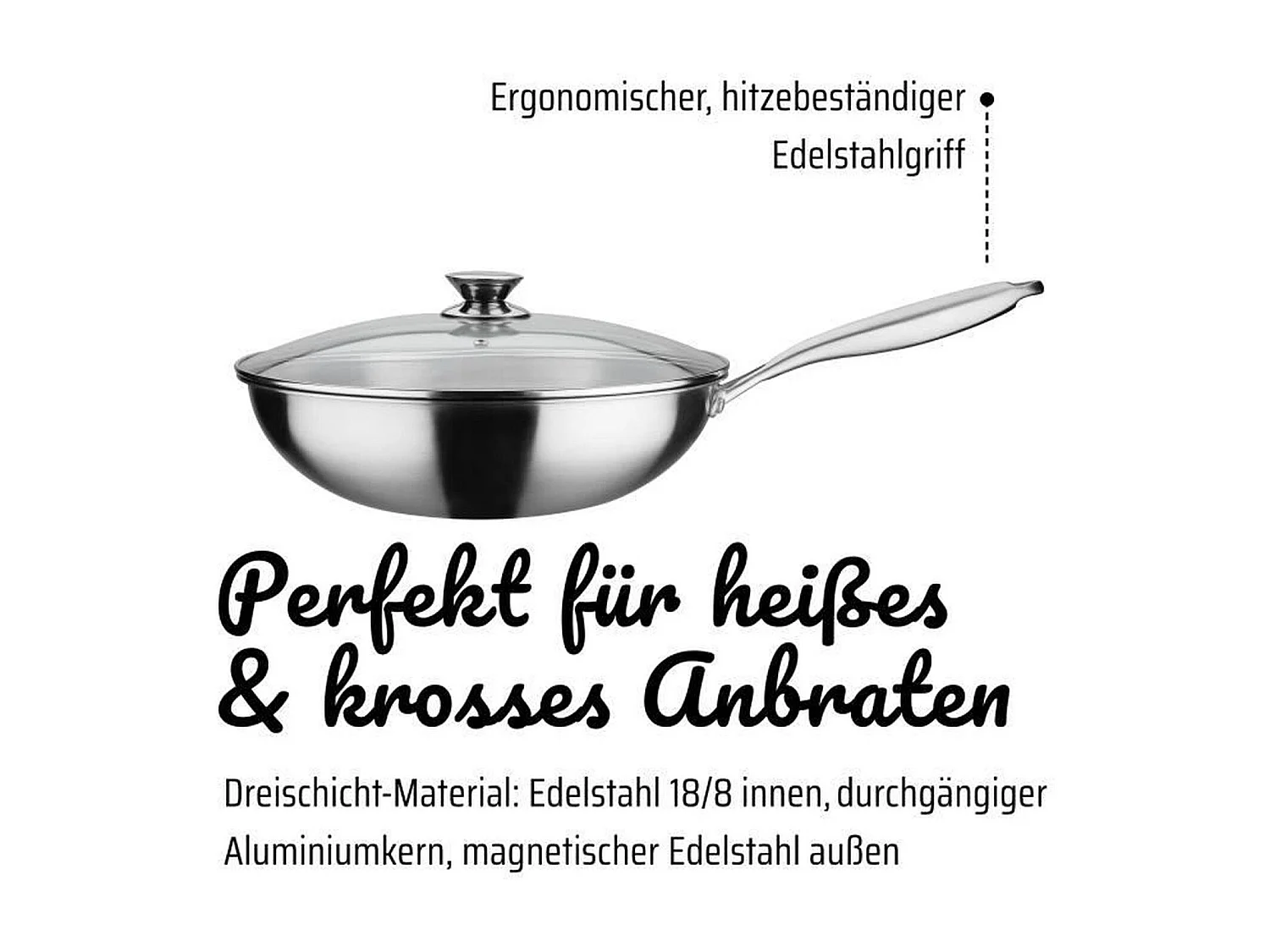 GSW Wok pro avec couvercle - Ø 32 cm - Fond 3-PLY - Poignée rivetée - Inox - Tous feux dont induction