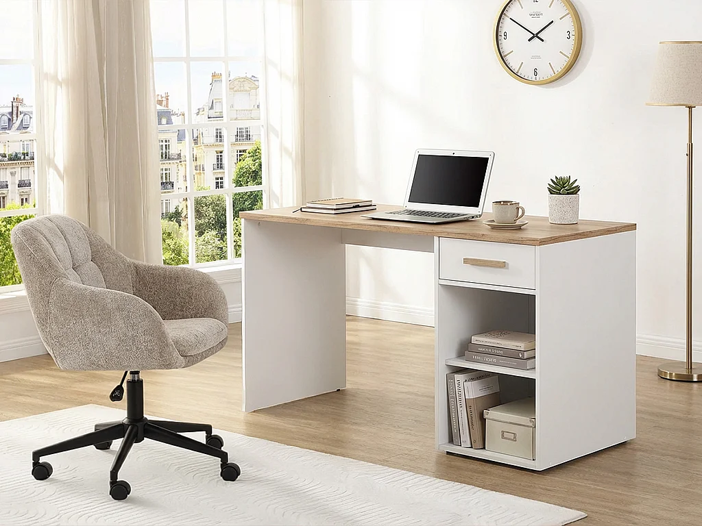 Bureau avec 1 tiroir et 2 niches – Blanc et naturel – SKAIDO