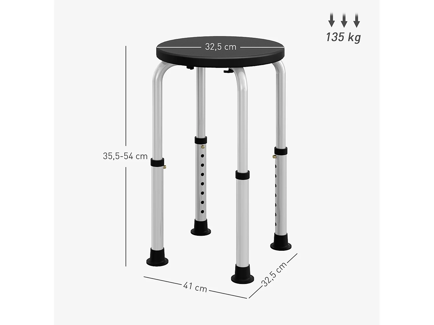 Tabouret de douche réglable en hauteur siège de douche ergonomique pieds antidérapants charge max. 136 Kg alu HDPE noir