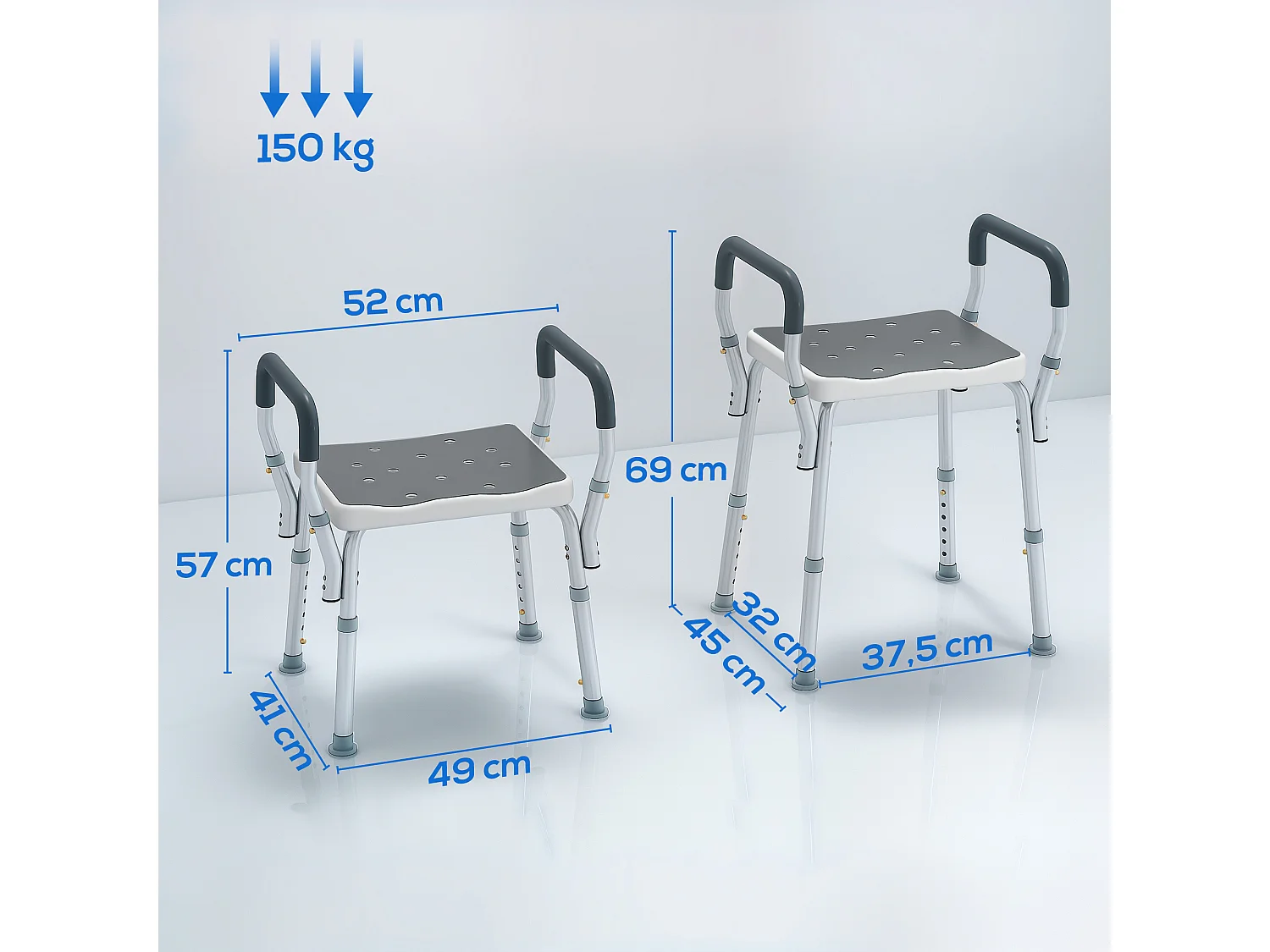 Chaise de douche tabouret de douche antidérapant - hauteur réglable, accoudoirs - alu HDPE gris