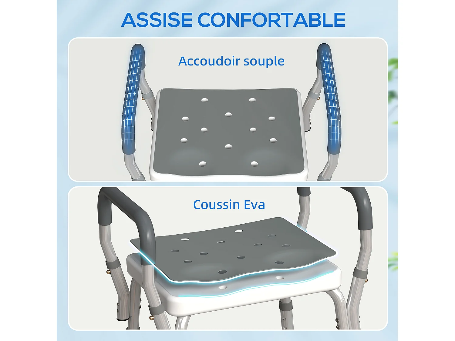 Chaise de douche tabouret de douche antidérapant - hauteur réglable, accoudoirs - alu HDPE gris