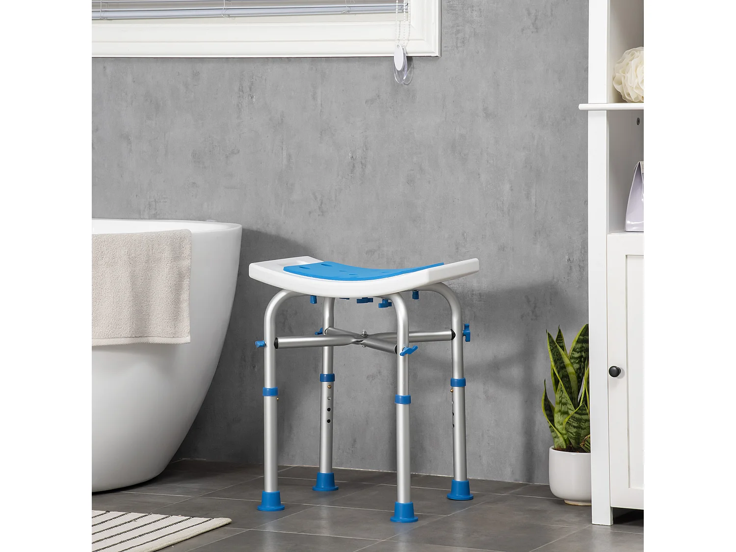 Siège de douche réglable en hauteur tabouret de douche ergonomique pieds antidérapants charge max. 150 Kg alu HDPE blanc bleu