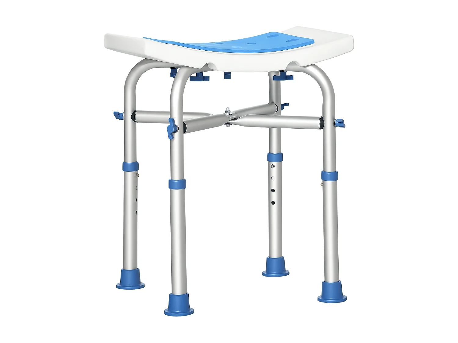 Siège de douche réglable en hauteur tabouret de douche ergonomique pieds antidérapants charge max. 150 Kg alu HDPE blanc bleu