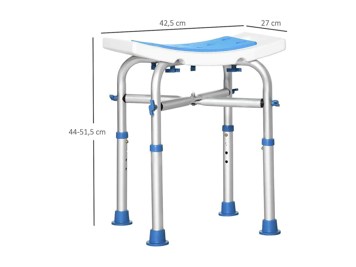 Siège de douche réglable en hauteur tabouret de douche ergonomique pieds antidérapants charge max. 150 Kg alu HDPE blanc bleu