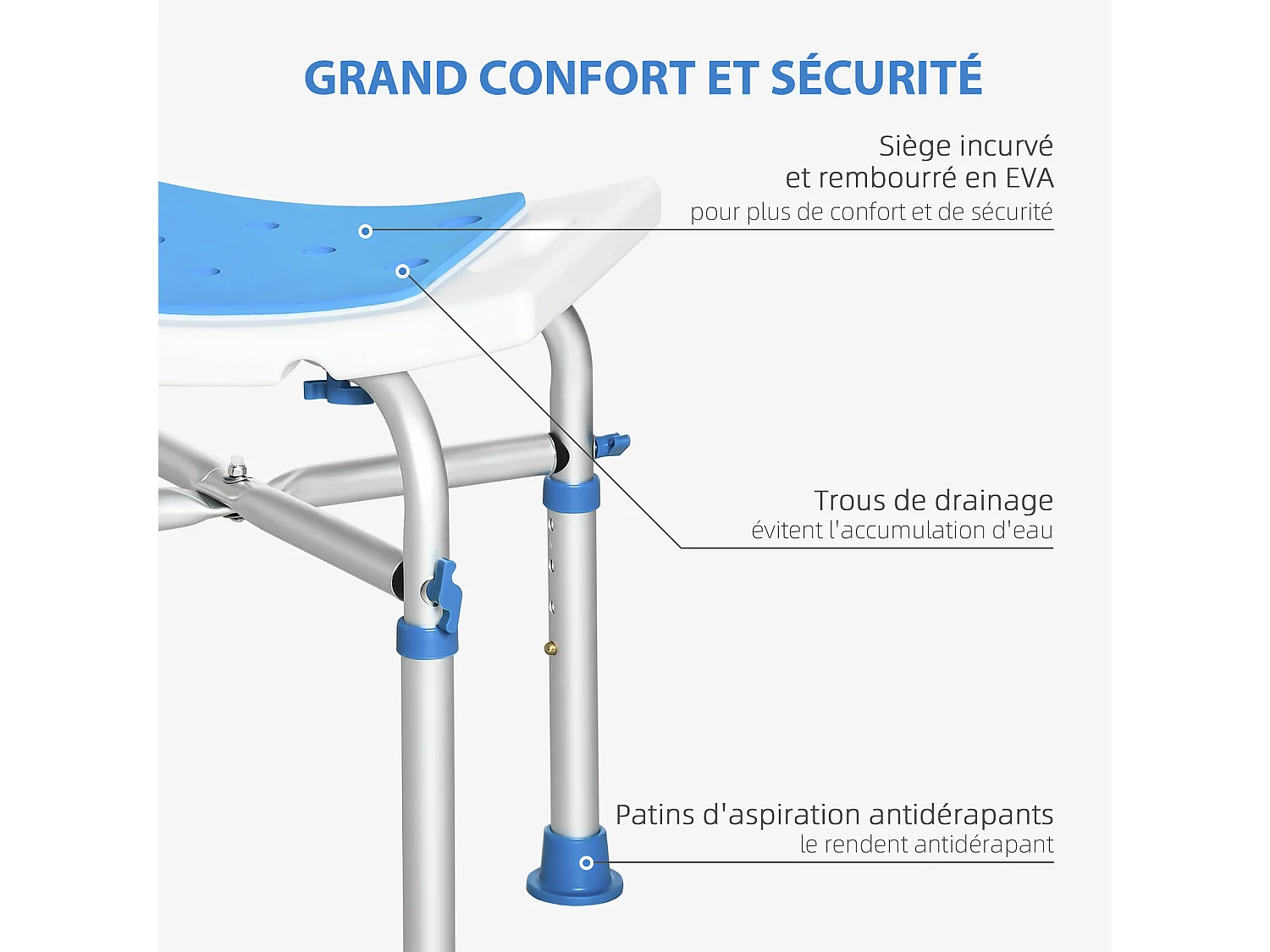 Siège de douche réglable en hauteur tabouret de douche ergonomique pieds antidérapants charge max. 150 Kg alu HDPE blanc bleu