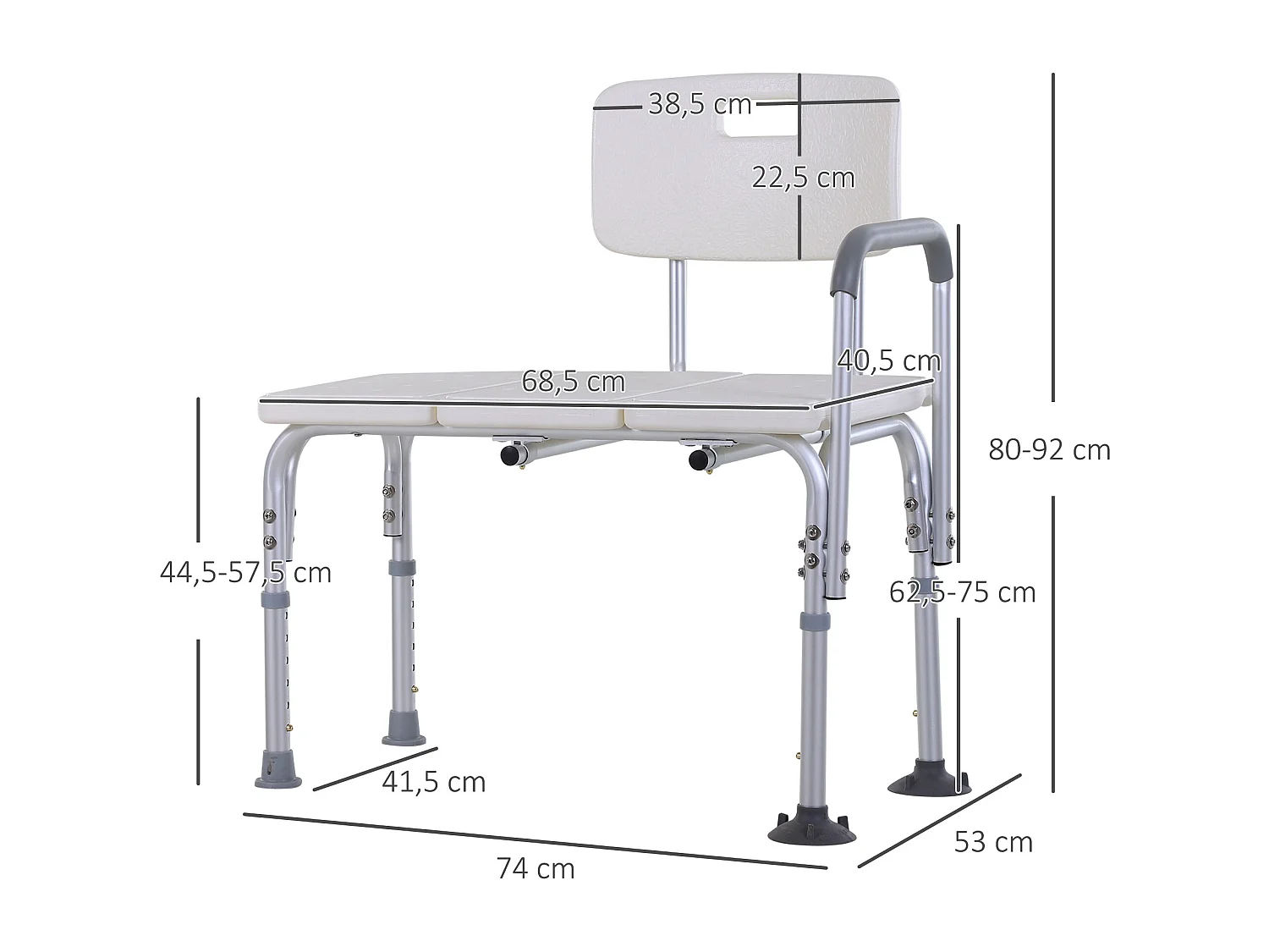 Chaise de douche siège de douche ergonomique hauteur réglable pieds antidérapants charge max. 136 Kg alu. HDPE blanc