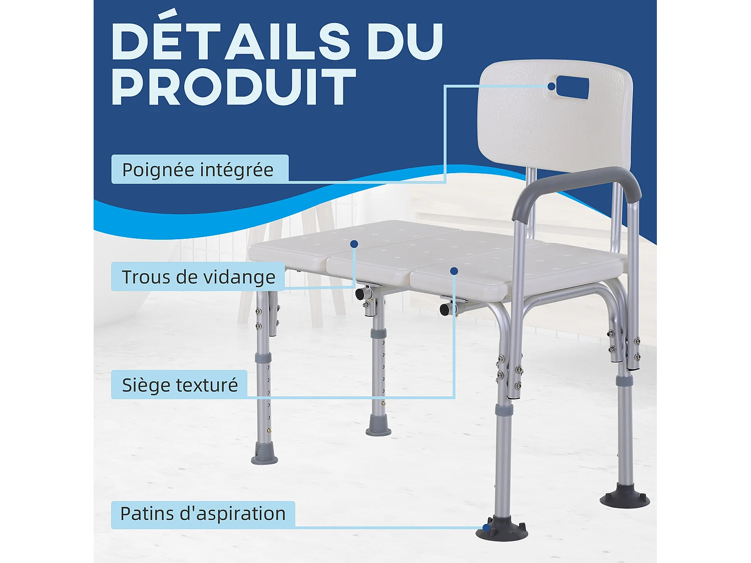 Chaise de douche siège de douche ergonomique hauteur réglable pieds antidérapants charge max. 136 Kg alu. HDPE blanc