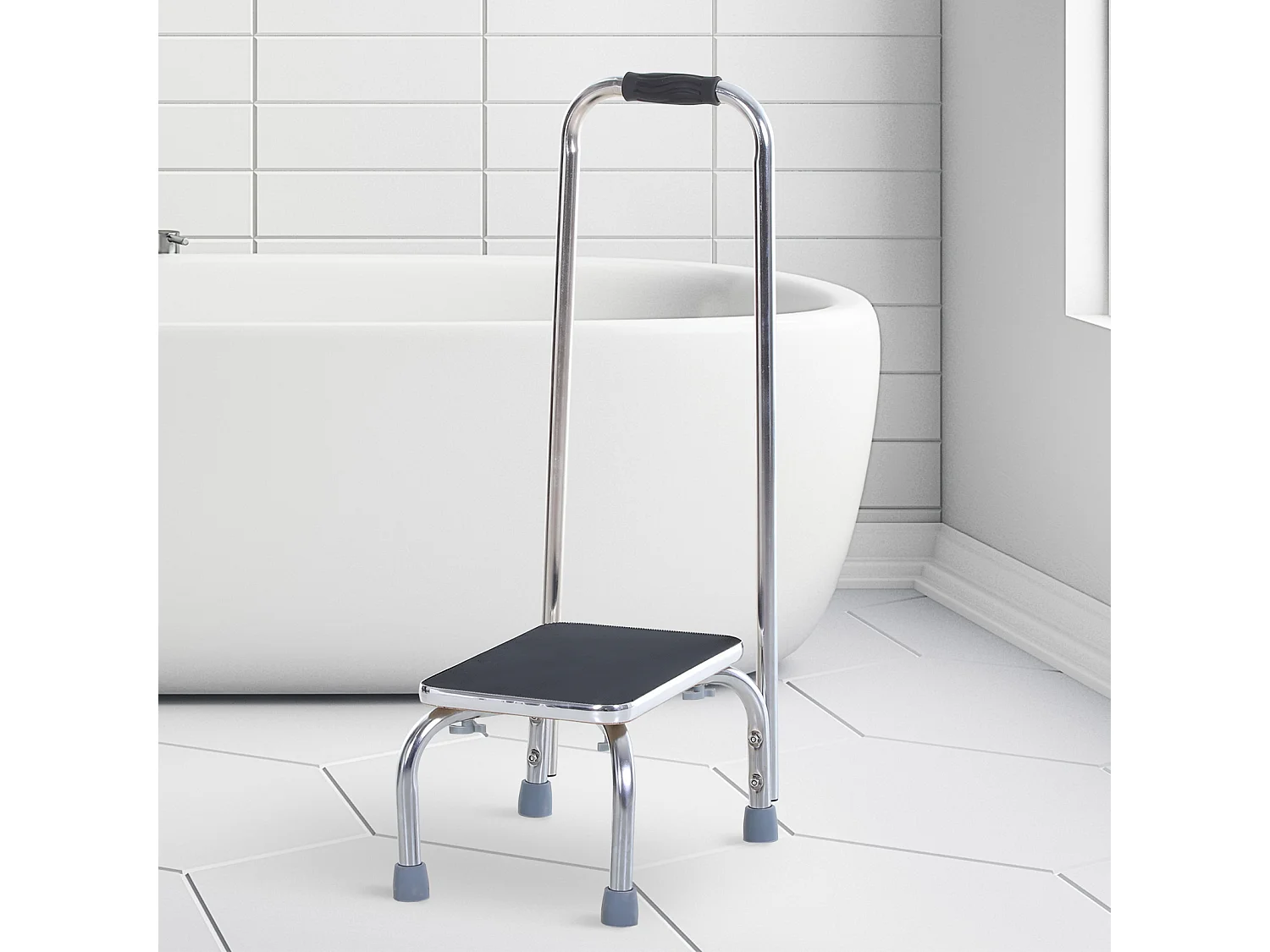 Marche avec barre d'appui - marchepied de sécurité - marche d'accès au bain - plateforme & patins antidérapants - acier galvanisé