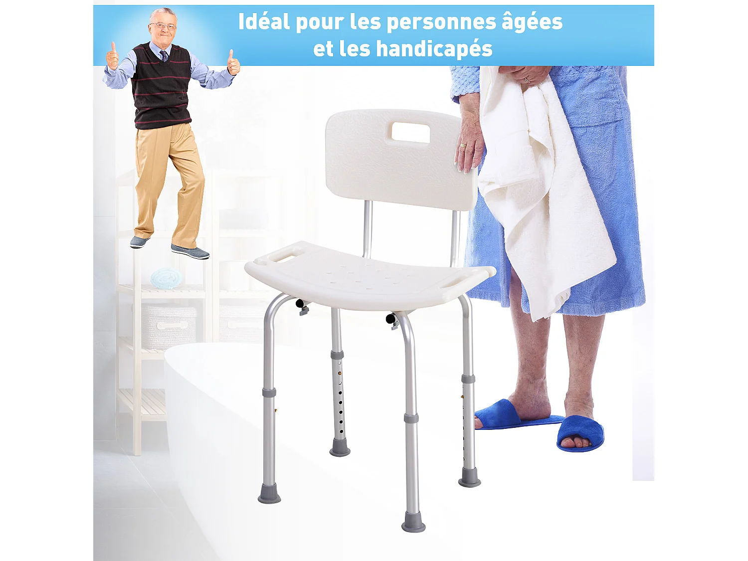 Chaise de douche siège de douche ergonomique hauteur réglable pieds antidérapants charge max. 136 Kg alu HDPE blanc
