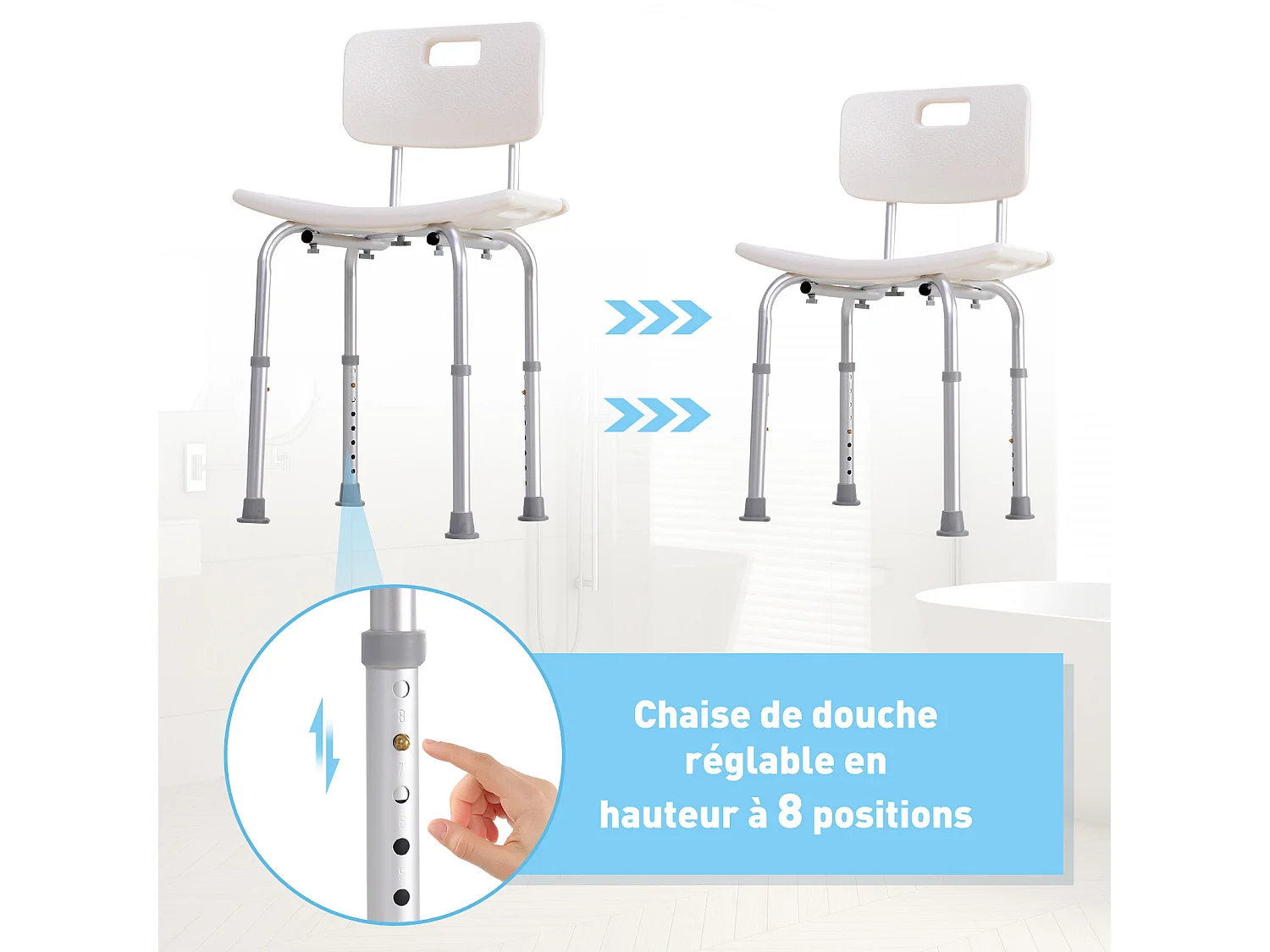 Chaise de douche siège de douche ergonomique hauteur réglable pieds antidérapants charge max. 136 Kg alu HDPE blanc