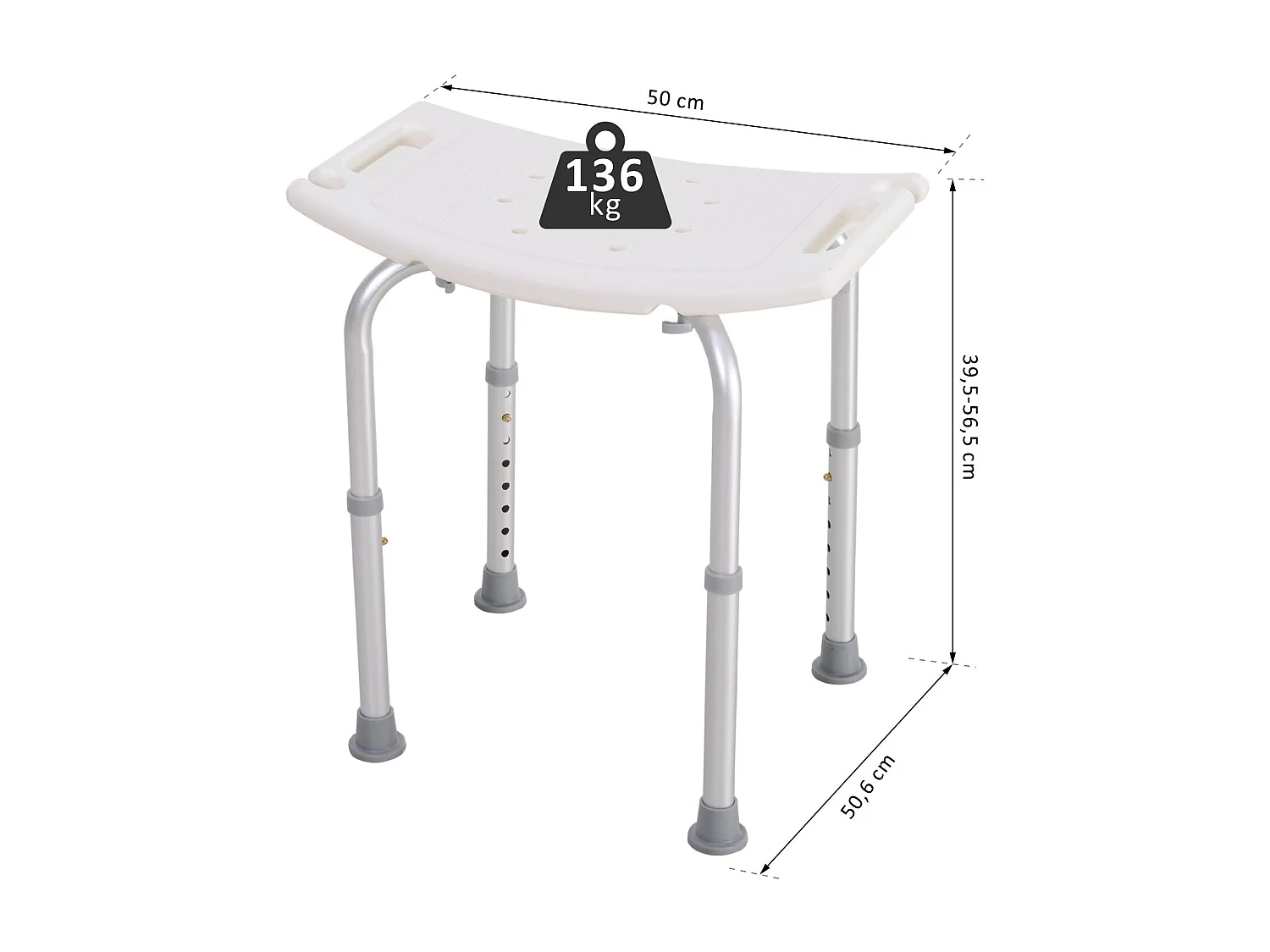 Siège de douche réglable en hauteur tabouret de douche ergonomique pieds antidérapants charge max. 136 Kg alu HDPE blanc
