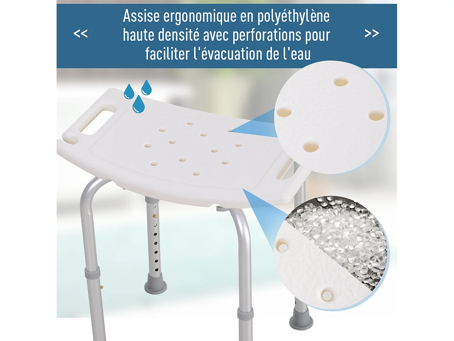 Siège de douche réglable en hauteur tabouret de douche ergonomique pieds antidérapants charge max. 136 Kg alu HDPE blanc