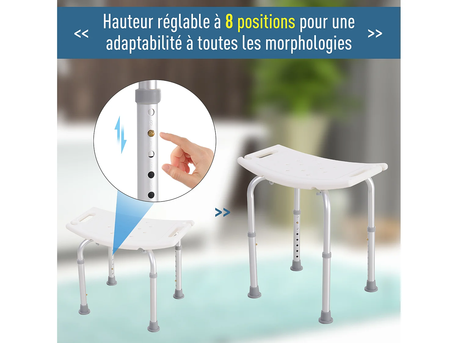 Siège de douche réglable en hauteur tabouret de douche ergonomique pieds antidérapants charge max. 136 Kg alu HDPE blanc