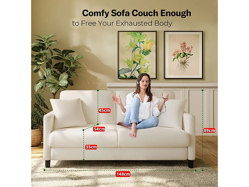 Sofa 2-sitzer aus Teddy-Velours Stoff mit 2 Kissen - Beige - 148 x 89 x 79cm