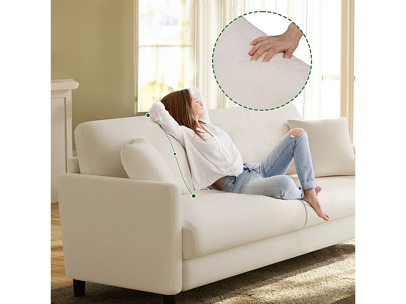 Sofa 2-sitzer aus Teddy-Velours Stoff mit 2 Kissen - Beige - 148 x 89 x 79cm