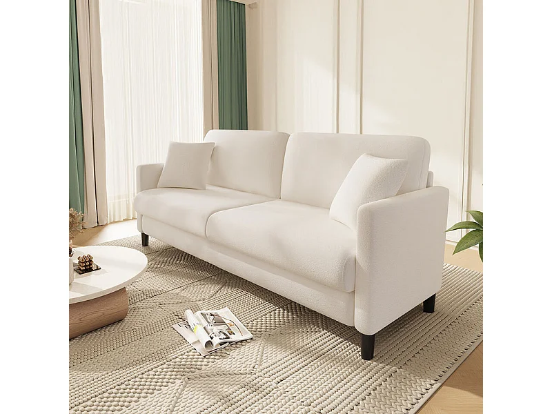 Sofa 2-sitzer aus Teddy-Velours Stoff mit 2 Kissen - Beige - 148 x 89 x 79cm
