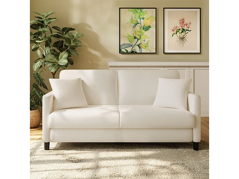 Sofa 2-sitzer aus Teddy-Velours Stoff mit 2 Kissen - Beige - 148 x 89 x 79cm