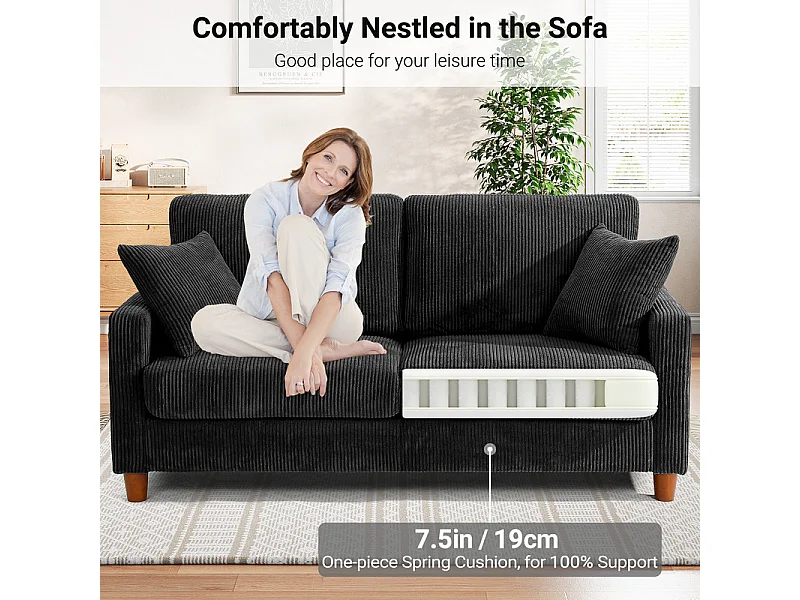 Sofá de Veludo Caneado 2 Lugares, com 2 Almofadas, assentos profundos de 56cm, 178x76x89cm, Preto