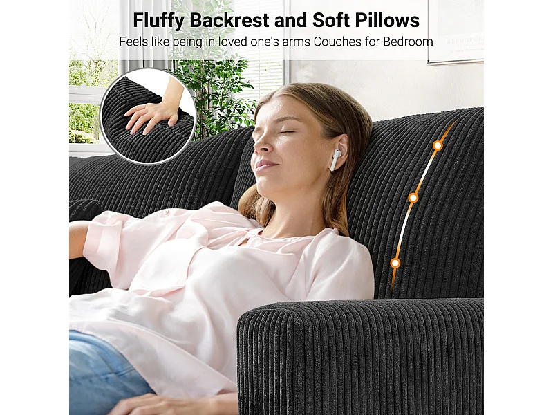 Sofá de Veludo Caneado 2 Lugares, com 2 Almofadas, assentos profundos de 56cm, 178x76x89cm, Preto