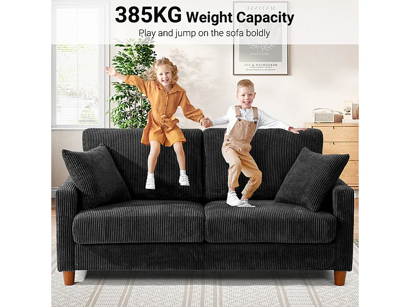 Sofá de Veludo Caneado 2 Lugares, com 2 Almofadas, assentos profundos de 56cm, 178x76x89cm, Preto