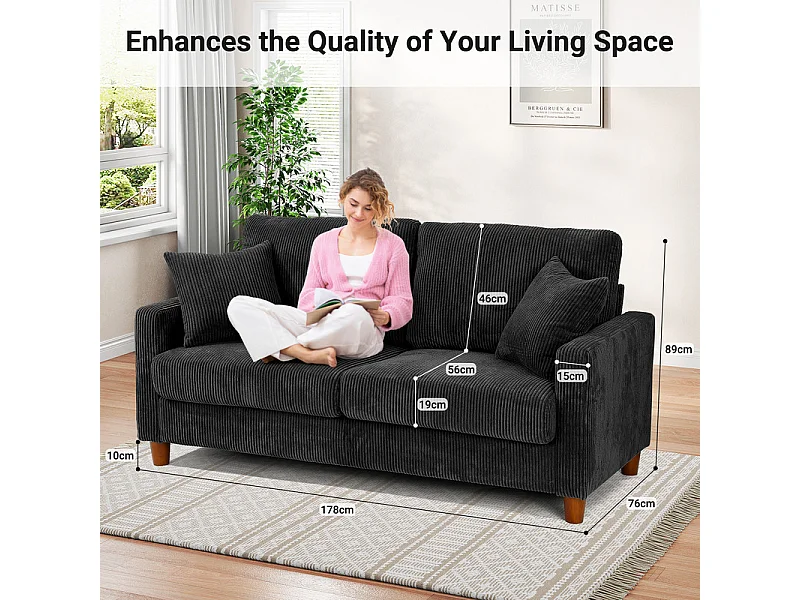 Sofa aus Rippsamt 2-Sitzer, mit 2 Kissen, 56cm tiefe Sitzflächen, 178x76x89cm, Schwarz
