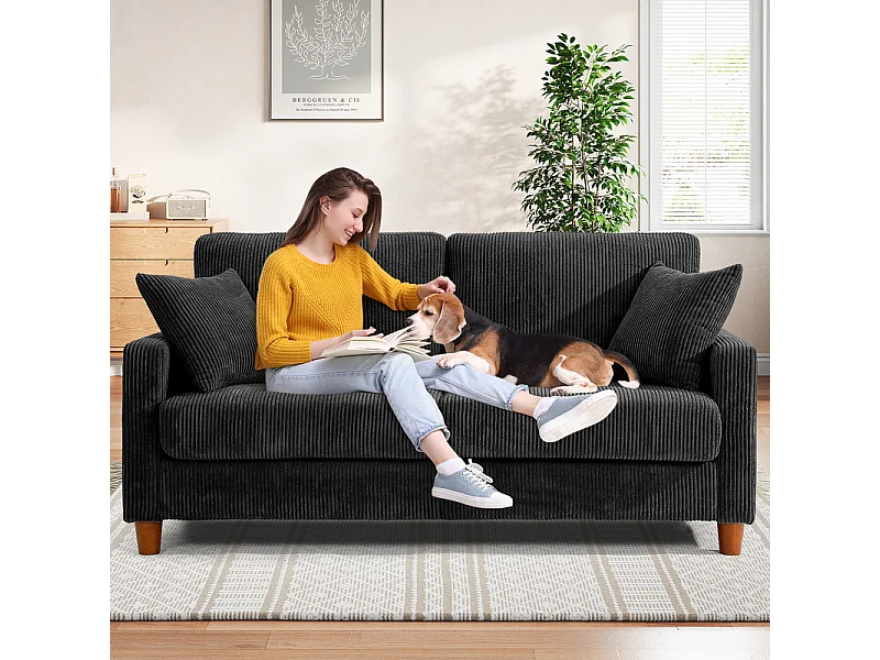Sofa aus Rippsamt 2-Sitzer, mit 2 Kissen, 56cm tiefe Sitzflächen, 178x76x89cm, Schwarz