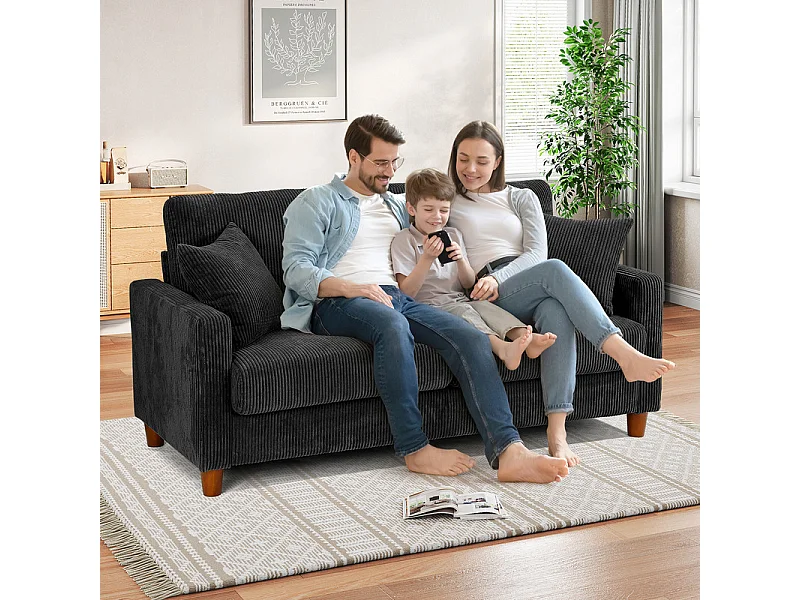 Sofa aus Rippsamt 2-Sitzer, mit 2 Kissen, 56cm tiefe Sitzflächen, 178x76x89cm, Schwarz