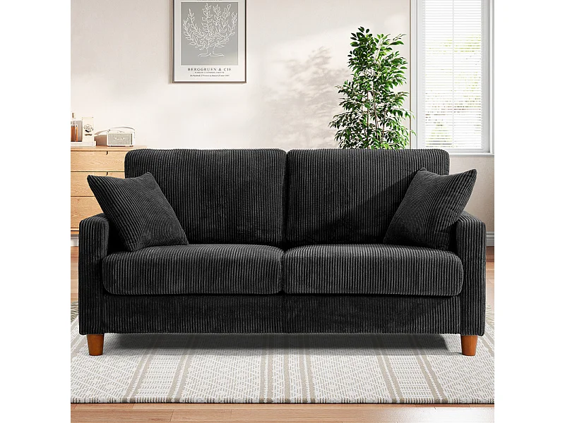 Sofa aus Rippsamt 2-Sitzer, mit 2 Kissen, 56cm tiefe Sitzflächen, 178x76x89cm, Schwarz