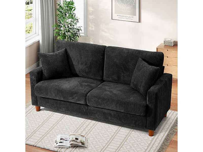 Sofa aus Rippsamt 2-Sitzer, mit 2 Kissen, 56cm tiefe Sitzflächen, 178x76x89cm, Schwarz