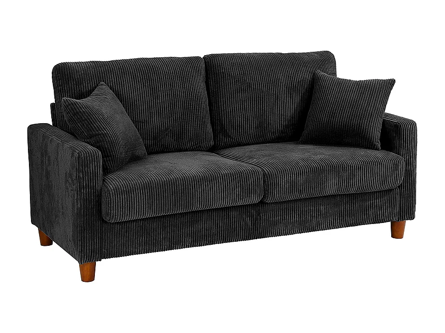 Sofa aus Rippsamt 2-Sitzer, mit 2 Kissen, 56cm tiefe Sitzflächen, 178x76x89cm, Schwarz