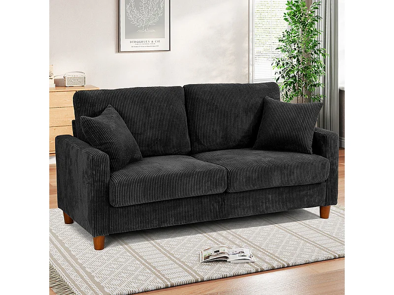 Sofá de Veludo Caneado 2 Lugares, com 2 Almofadas, assentos profundos de 56cm, 178x76x89cm, Preto